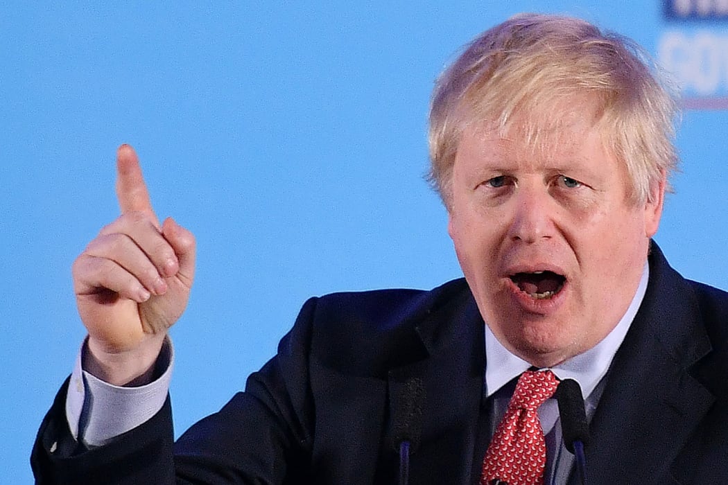 Britain's Prime Minister and leader of the Conservative Party, Boris Johnson speaks during a campaign event to celebrate the result of the General Election, in central London on December 13, 2019.