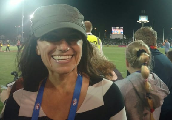 Angela Pippos at a Dogs vs Crows WAFL game.