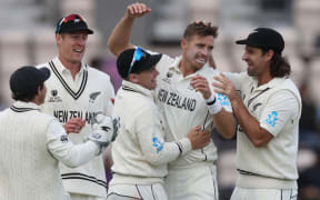Bowler Tim Southee celebrates the wicket of Rohit Sharma. New Zealand BlackCaps v India. Day 5 of the ICC World Test Championship Final at Southampton, England on Tuesday 22nd June 2021.