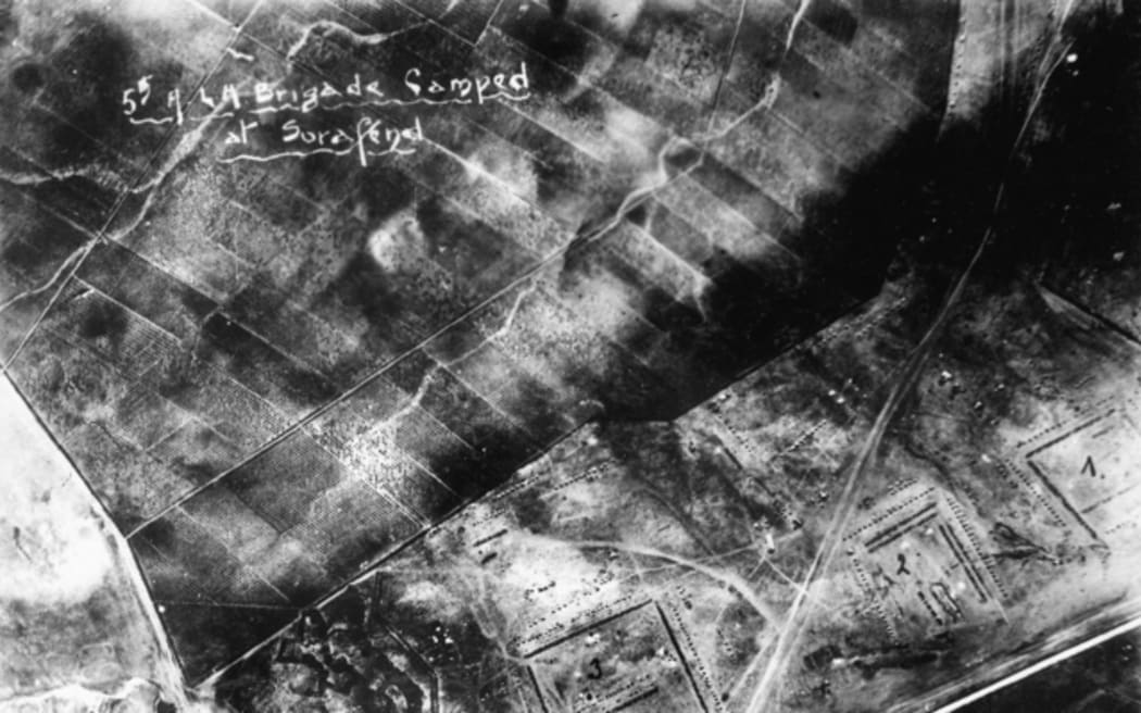 SURAFEND, PALESTINE. C. 1918. AERIAL PHOTOGRAPH OF THE CAMP OF THE 5TH AUSTRALIAN LIGHT HORSE ...