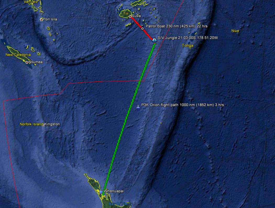 Rescue Coordination Centre map showing the location of the New Zealand yacht aground on a reef south-east of Fiji and the Orion flight path.