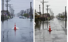 Flooding on Surrey Street, South Dunedin, seen Friday morning (left) and evening (right).
