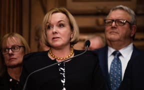 National Party leader Judith Collins addresses media alongside deputy leader Gerry Brownlee following the emergency caucus meeting on 14 July.