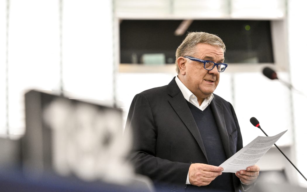 (FILES) In this handout file photo taken and released on March 26, 2019 by European Parliament shows Italian Pier Antonio Panzeri speaks during a plenary session in Strasbourg. - A key suspect in a spreading EU graft scandal, former Italian MEP Pier Antonio Panzeri, has cut a deal to divulge information about countries involved and bribes made, Belgian prosecutors said on January 17, 2023.