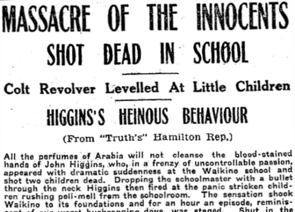 Truth newspaper reporting the shooting tragedy at Waikino school in 1923.