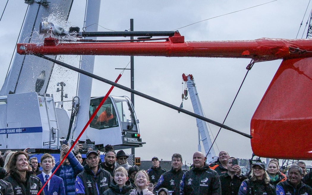 Emirates Team New Zealand christen their first AC75 monohull "Te Aihe" (Dolphin) at their team base in Auckland on 6th September 2019.