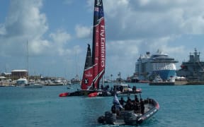 Team New Zealand heads out onto the water ahead of their first race.