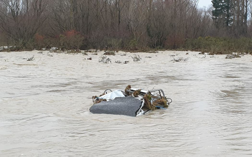 Wreckage of a car in the Ashburton Forks area, inland from Ashburton.