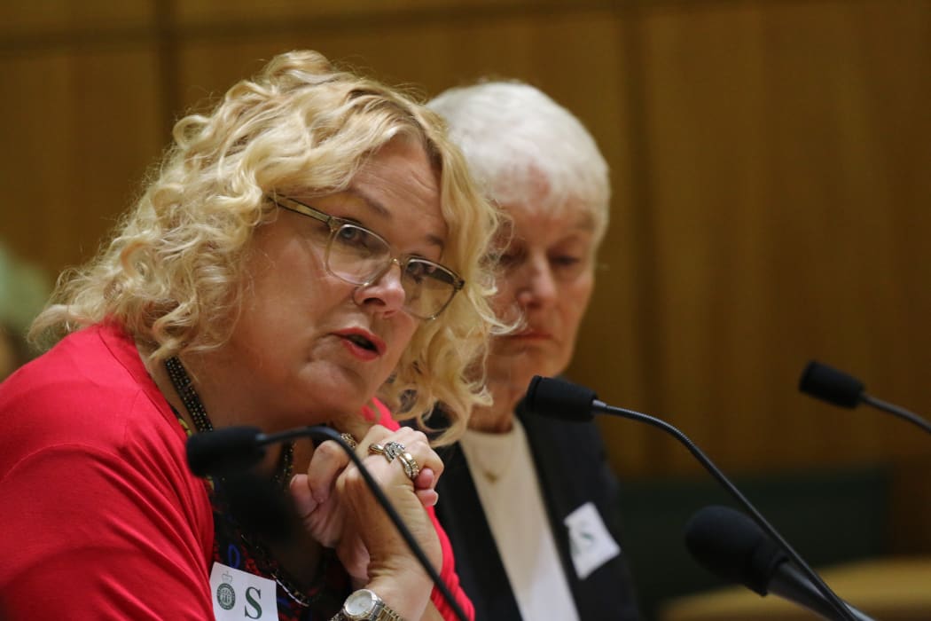 Linnea McDonald (left) and Cara Penny (right) tell the Finance and Expenditure Committee a cap on interest rates charged in New Zealand is essential to protect its vulnerable members of society.