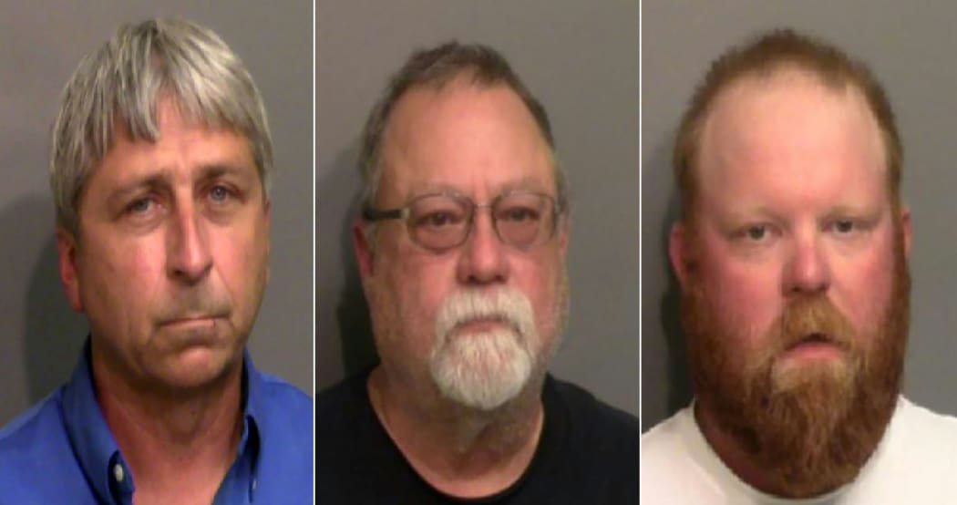 (COMBO) This combination of handout photos created on June 24, 2020 using booking photos released by the Glynn County Sheriff's Office in Georgia shows (from L) William Roderick Bryan, Gregory McMichael and his son, Travis McMichael.
