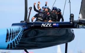 The New Zealand SailGP Team helmed by Peter Burling celebrate after winning in Denmark 2022.