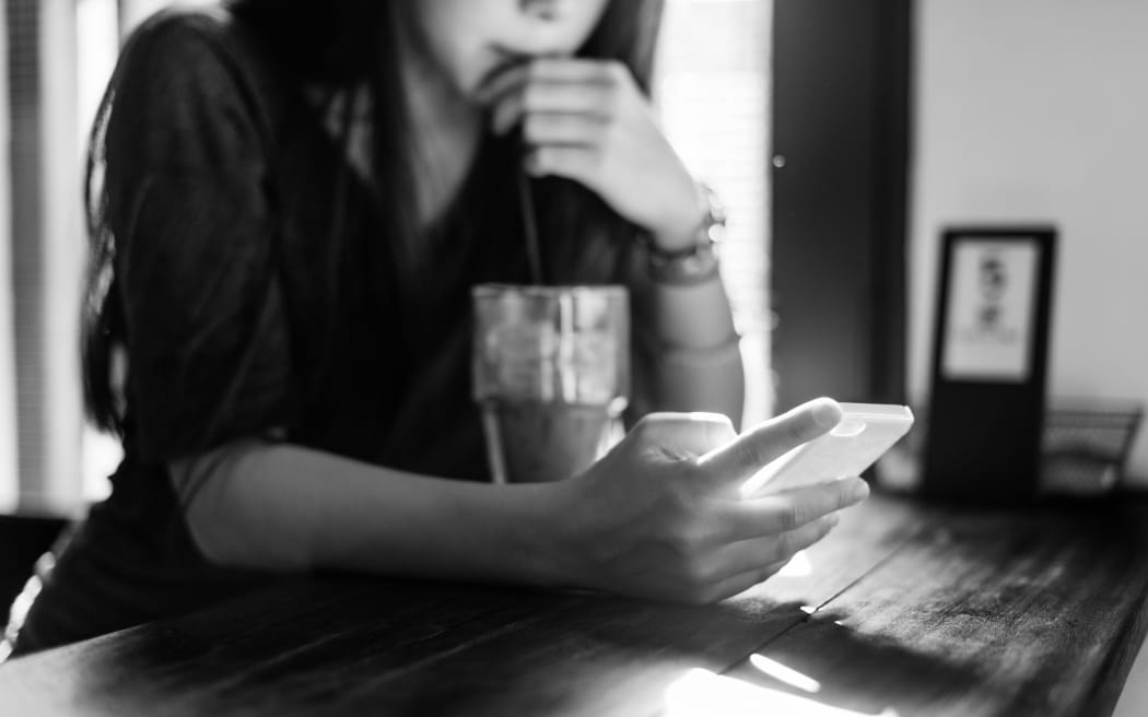 Woman Drinking Beverage Mobile Phone Technology Concept.