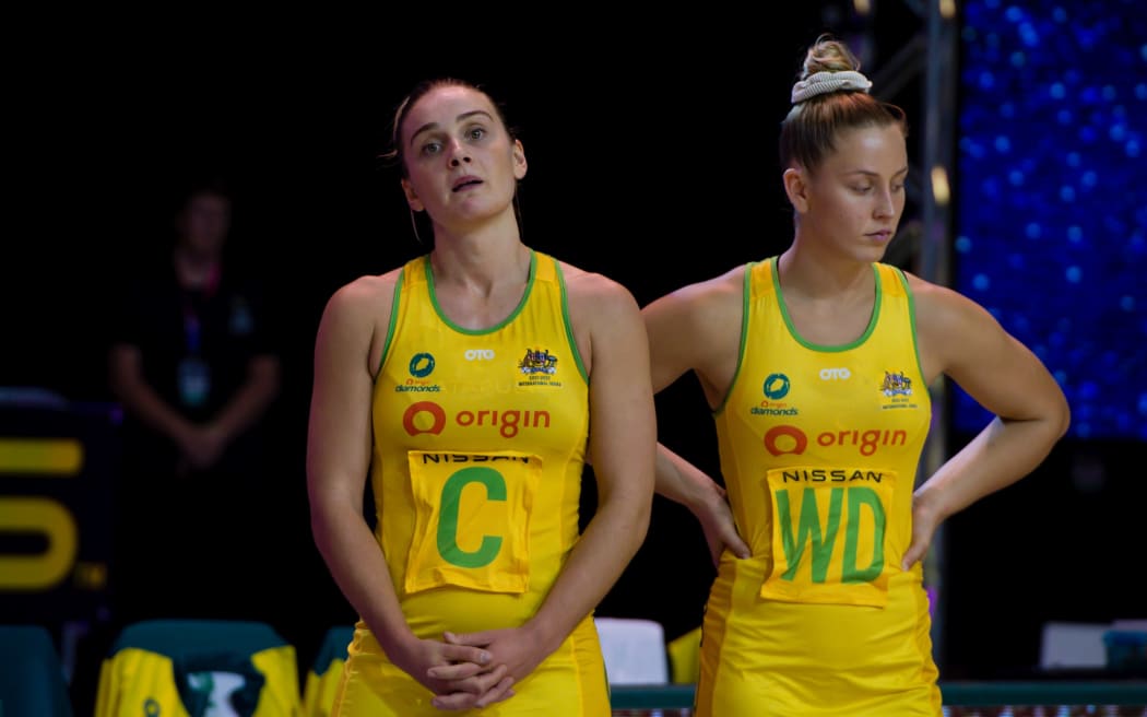 A disapointed Liz Watson of the Diamonds and Jamie-Lee Price after 2021 Constellation Cup loss to Silver Ferns.