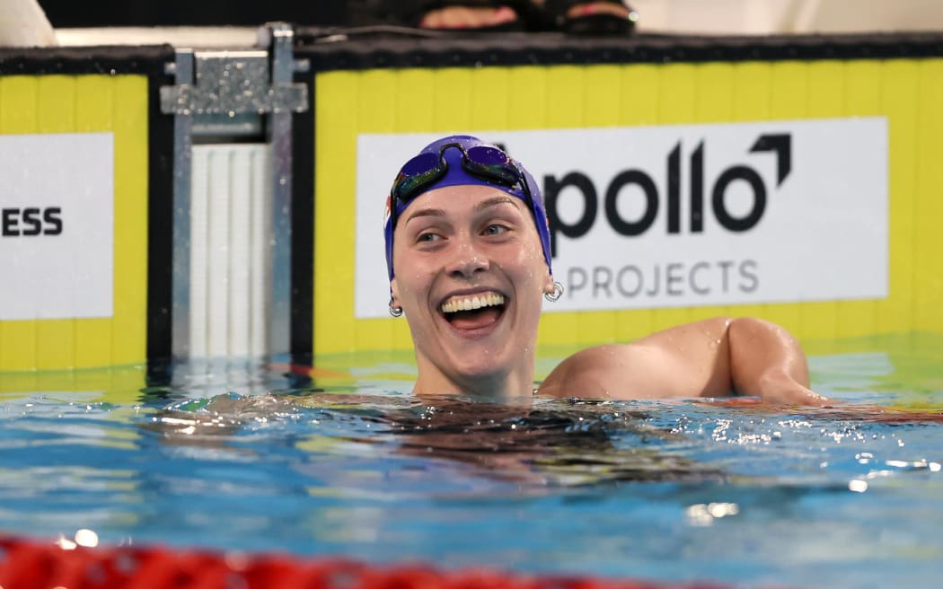 Hazel Ouwehand celebrates breaking the New Zealand record in the 50m Butterfly at the 2024 NZ Swimming Championships in Hawkes Bay. (Credit BW Media).


the 2024 NZ Swimming Championships