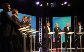 From left:  Brendan Horan, Hone Harawira, Winston Peters, Russel Norman, Te Ururoa Flavell, Peter Dunne, Jamie Whyte and Colin Craig.