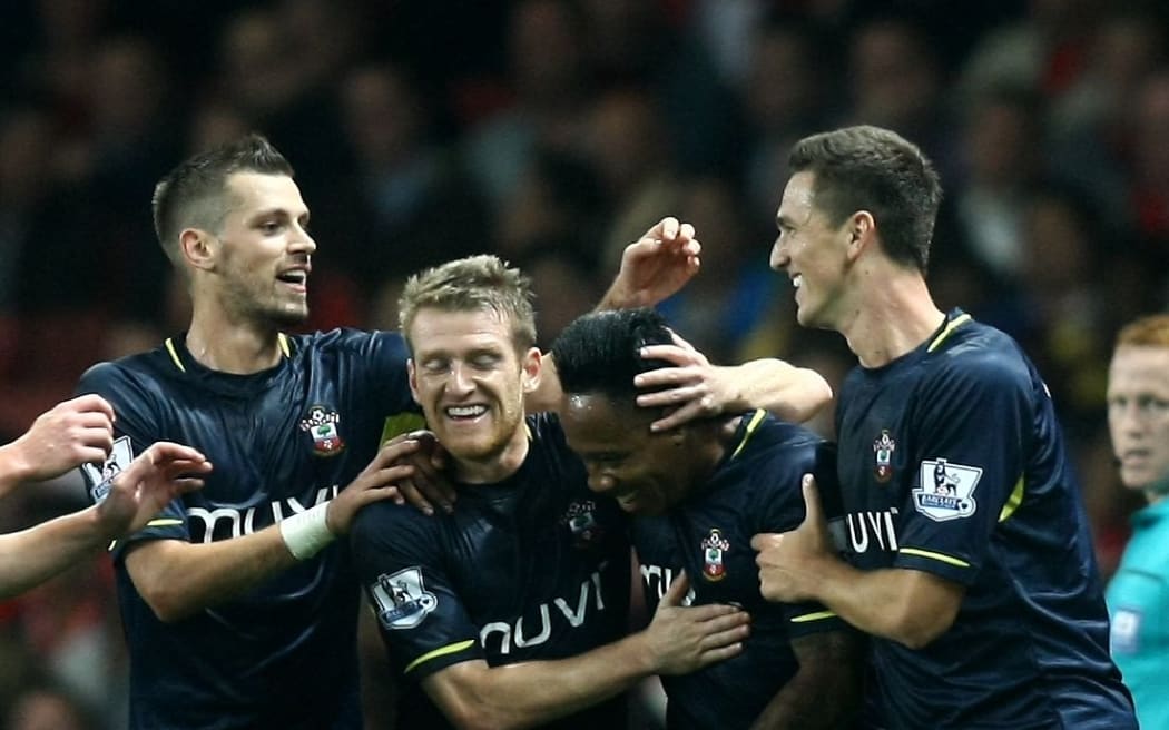 Southampton players celebrate Nathaniel Clyne's goal.