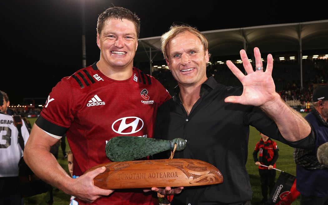 Crusaders captain Scott Barrett and coach Scott Robertson celebrate winning the 2021 Super Rugby Aotearoa title at Orangetheory Stadium, Christchurch, New Zealand, Saturday 08 May 2021.
