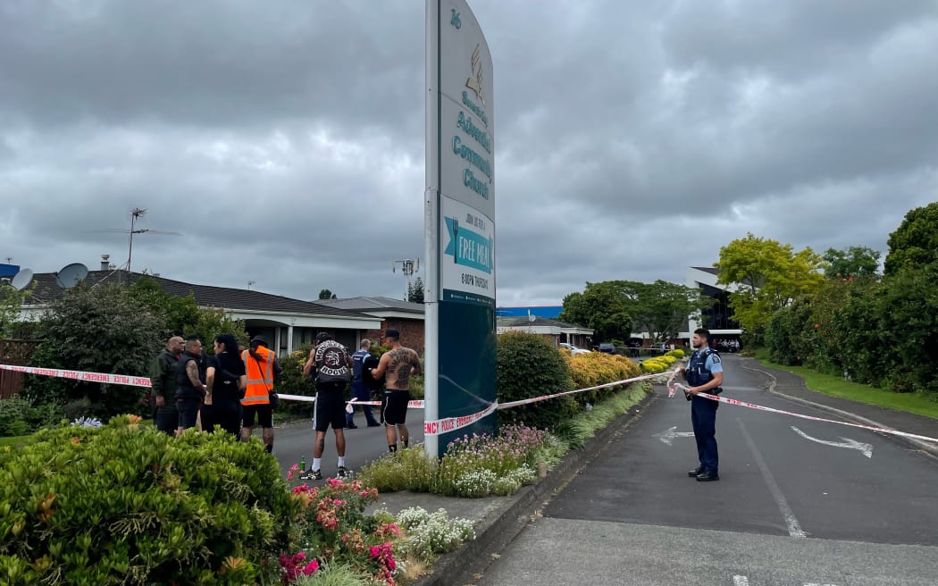 Police at the scene of a shooting at a church in South Auckland.