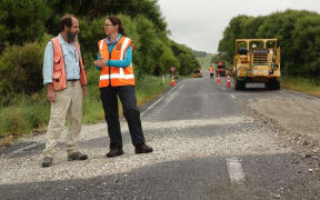 GNS scientists discuss the road displacement at Kekerengu, south of Ward where roadworks have been under way since the November quake.