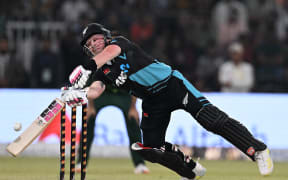 New Zealand's Tim Seifert plays a shot against Pakistan.
