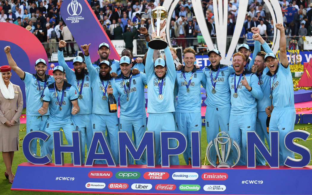 England Captain Eoin Morgan lifts the ICC Cricket World Cup trophy as England celebrate winning in 2019 final against New Zealand Black Caps.