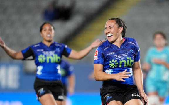 Portia Woodman-Wickliffe celebrates during the Blues Women v Matatu, Super Rugby Aupiki Final, Eden Park.