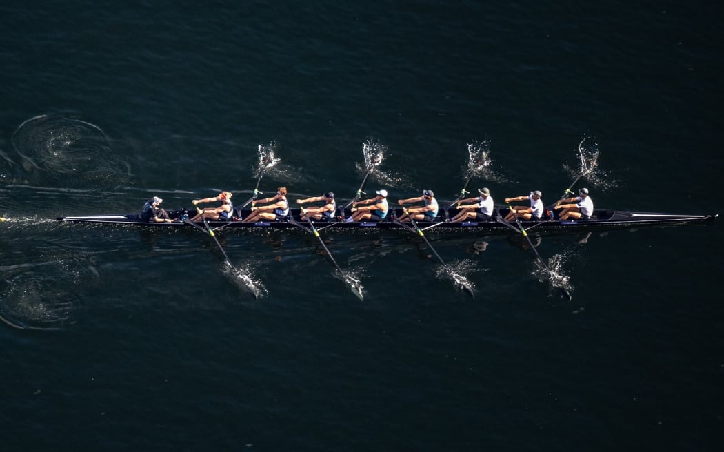 NZ Men's eight training on Lake Karapiro,