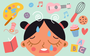 Stylised illustration of sick child and various home activities
