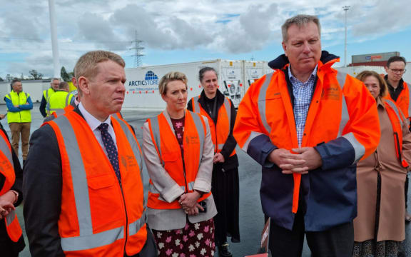 Chris Hipkins with Tainui Group Holdings chief executive Chris Joblin at Ruakura Inland Port in Hamilton on 7 September 2023. Labour Party election campaign trail.
