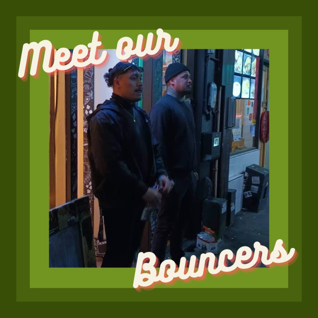 An image of two bouncers standing outside a venue. The picture is framed in green seventies shades.