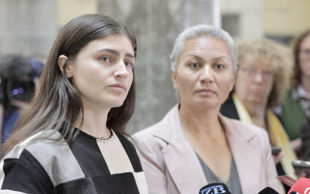 Green Party co-leaders Chlöe Swarbrick and Marama Davidson speak to media on 31 March 2025.