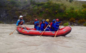 Off to raft the Clarence. Clarence River Rafting Guide Toby Johnstone, Julie Reed, Deirdre Lusby (yellow helmet), Liz Grinstead, Di Anyan.