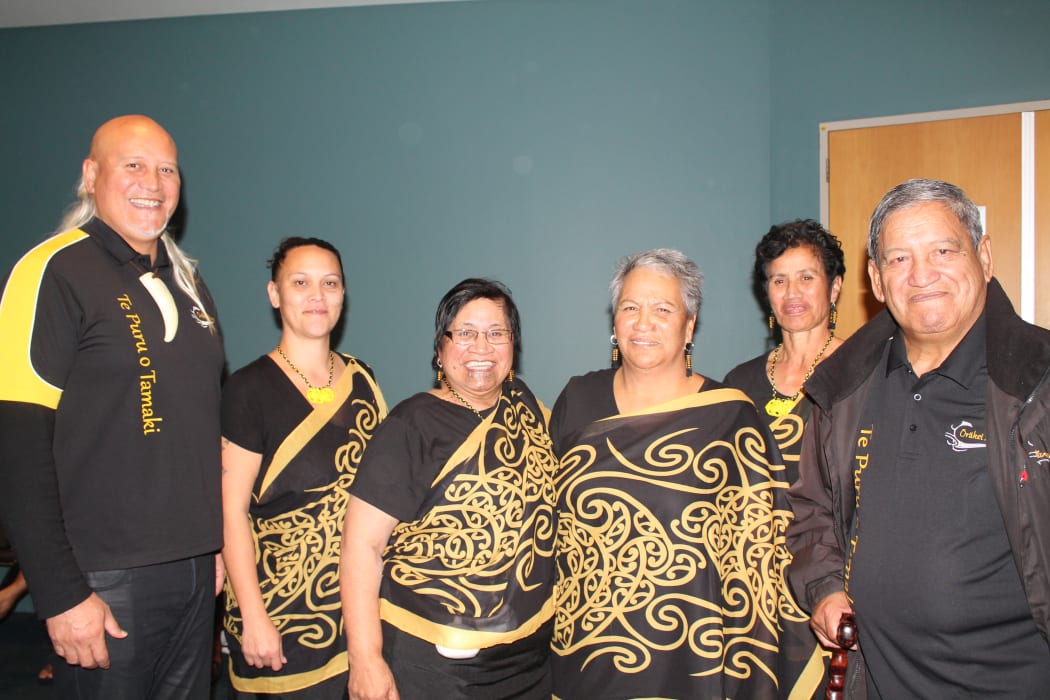 Taiaha Hawke, Lisa Kilkelly, Esther Davis, Connie Mahu, Connie Motu and Matt Maihi. Members of Te Puru Tamaki.