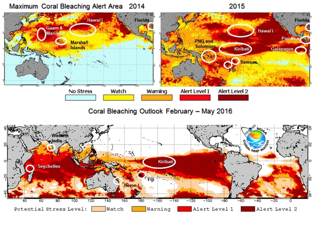 Top image Coral bleaching measured by NOAA satellites in 2014 and 2015 along with locations where the worst coral bleaching was reported. The bottom image shows the Four Month Bleaching Outlook for February-May 2016.