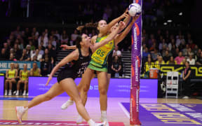 Silver Ferns Karin Burger with Australia's Sophie Garbin during the 2024 Constellation Cup.