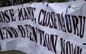 Protestors outside parliament in Wellington call for the closure of Australia's asylum seeker camps