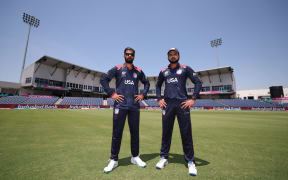 Ali Khan and Monank Patel of the USA pose at Grand Prairie Cricket Stadium, Dallas, Texas.