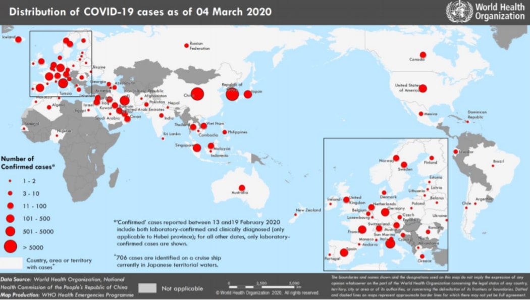Countries, territories or areas with reported confirmed cases of COVID-19 as of 4 March.