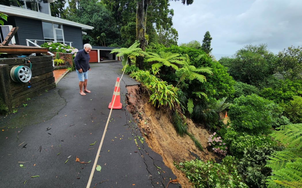 This man's driveway slipped onto Ototori Bay Road.