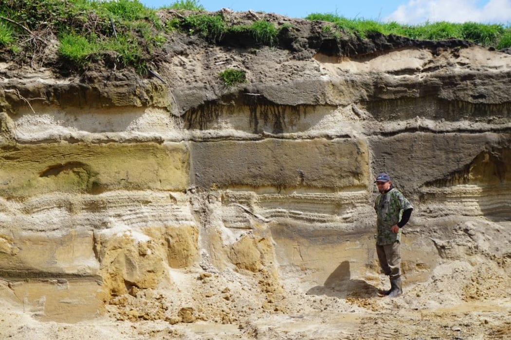 Dairy farmer Eric Smeith has dug a soil pit on his farm to demonstrate the different volcanic layers below the top soil.