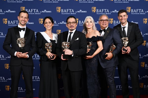 From left, Justin Marks, Rachel Kondo, Hiroyuki Sanada, Michaela Clavell, Edward L. McDonnell and Jonathan Van Tulleken pose with the International Award for 'Shōgun' at the 2025 BAFTA Television Awards on 11 May, 2025 in London, England.