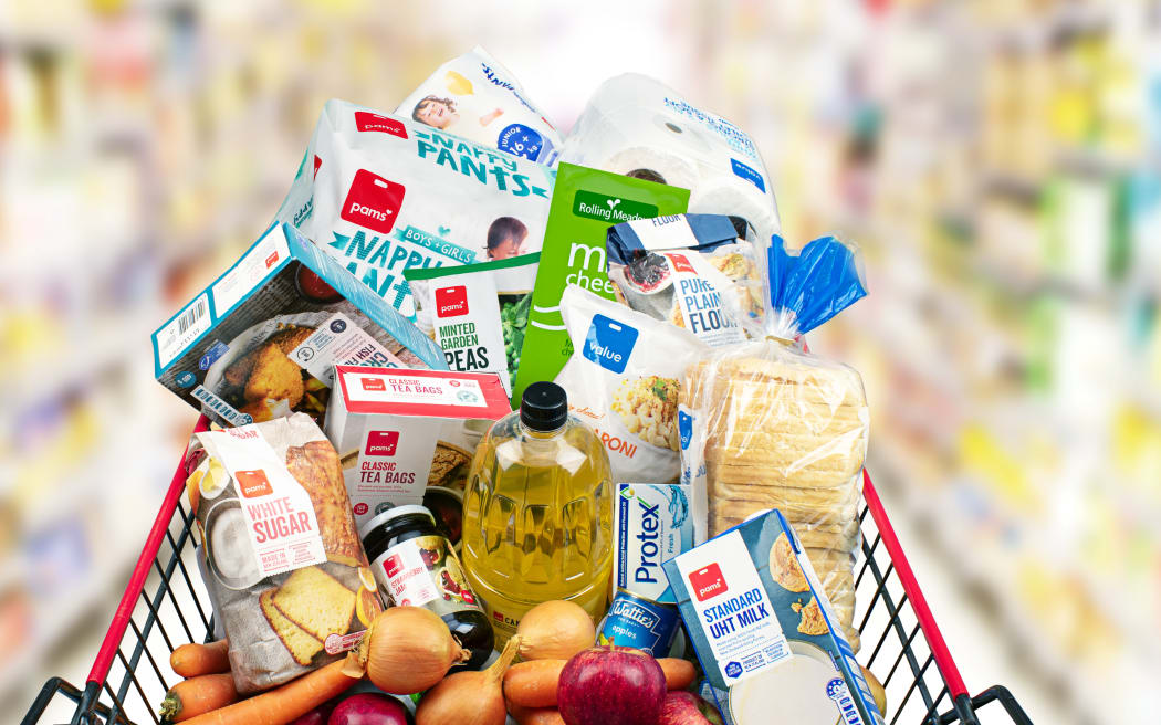 A trolley of groceries containing Foodstuffs' products.