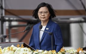 Taiwan's President Tsai Ing-wen speaks during national day celebrations in front of the Presidential Palace in Taipei on October 10, 2021.