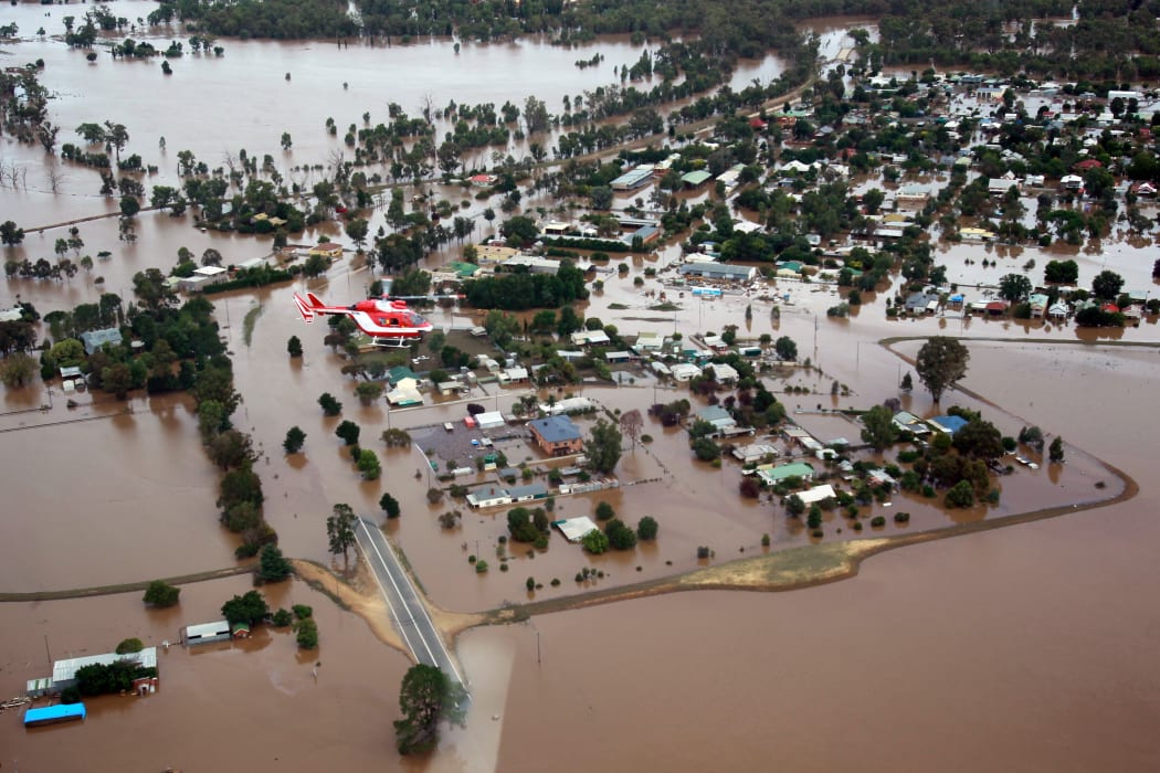This general aerial view shows flooding in North Wagga Wagga, New South Wales.