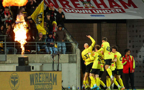 The Phoenix celebrate a goal during the Wrexham Pre-season Tour 2025 - Wellington Phoenix v Wrexham AFC.