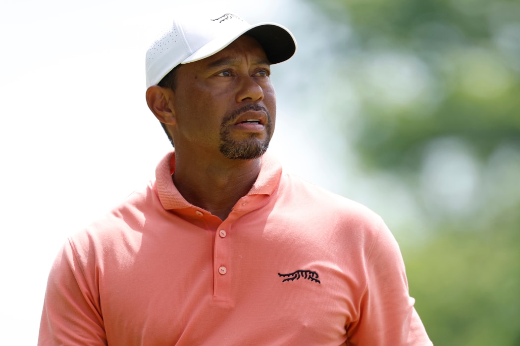 Tiger Woods watches his shot during the first round of the PGA Championship, 2024.