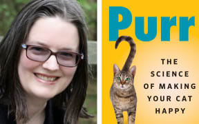 A composite image of animal behavior expert Zazie Todd and the cover of her book "Purr. The Science of Making Your Cat Happy"