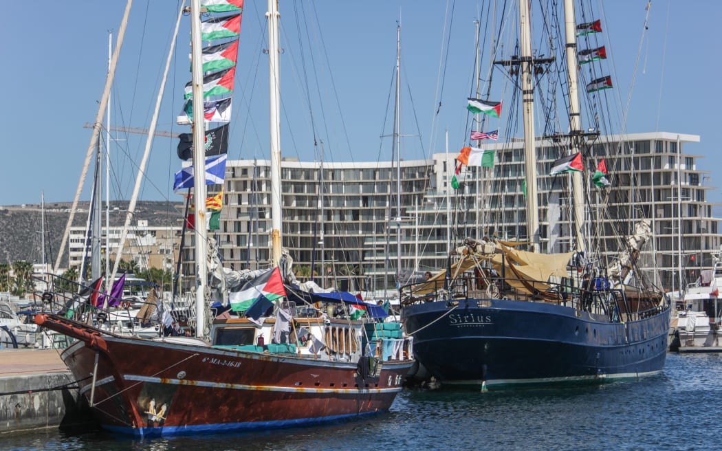 Vessels, part of the Global Sumud Flotilla, are moored at the port of Bizerte in northern Tunisia on September 13, 2025. The ships of the flotilla are expected to leave the port for Gaza in an attempt to break the Israeli siege. The Global Sumud Flotilla is an international solidarity mission that brings together activists, politicians, humanitarian groups, and public figures from more than 44 countries to challenge Israel's blockade of Gaza amid ongoing attacks on the enclave. Days earlier, the Flotilla's main ships, 'Family' and 'Alma', respectively sailing under the Portuguese and the UK flags, are hit by a drone strike in Tunisian waters at the port of Sidi Bou Said, according to the crew.
