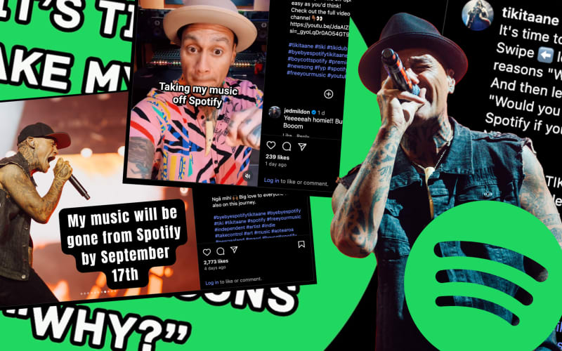 Composite of Tiki Taane, social media posts and Spotify logo