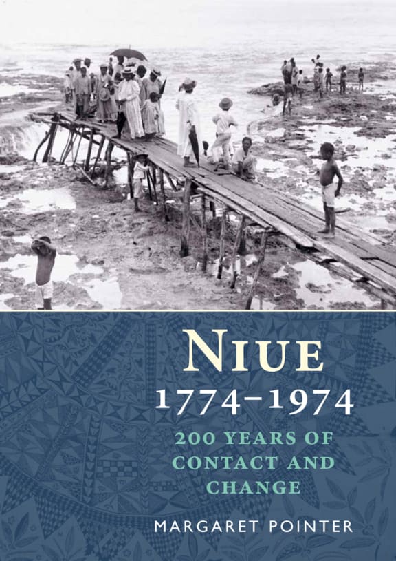 Cover picture used in Niue 1774–1974: 200 years of contact and change. Author Margaret Pointer. 
People gather on the wharf at Alofi in 1900 as the governor’s party prepares to come ashore.